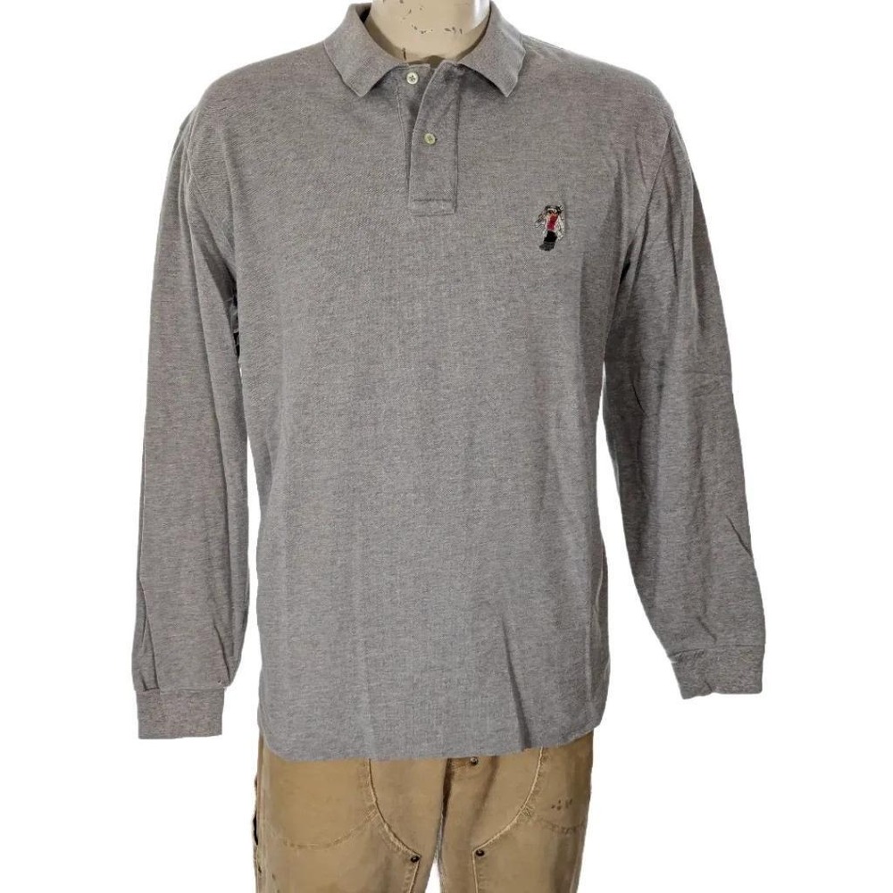 VTG Polo Ralph Lauren Ski Polo Bear Gray Rugby Shirt Cotton Pique Sz L EUC